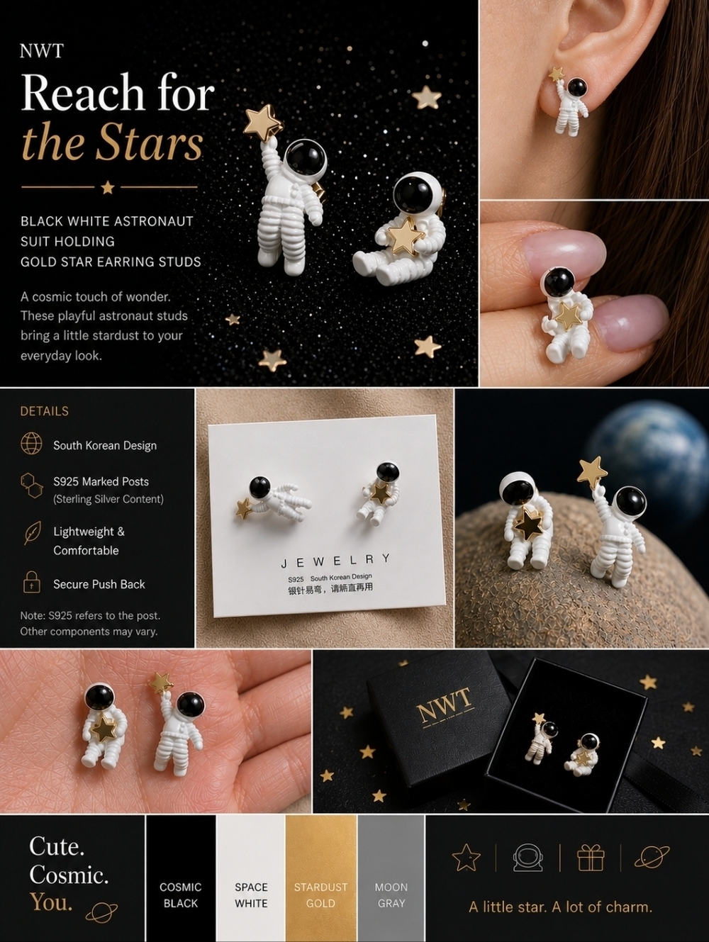 NWT Black White Astronaut Suit Holding Gold Star Earring Studs
